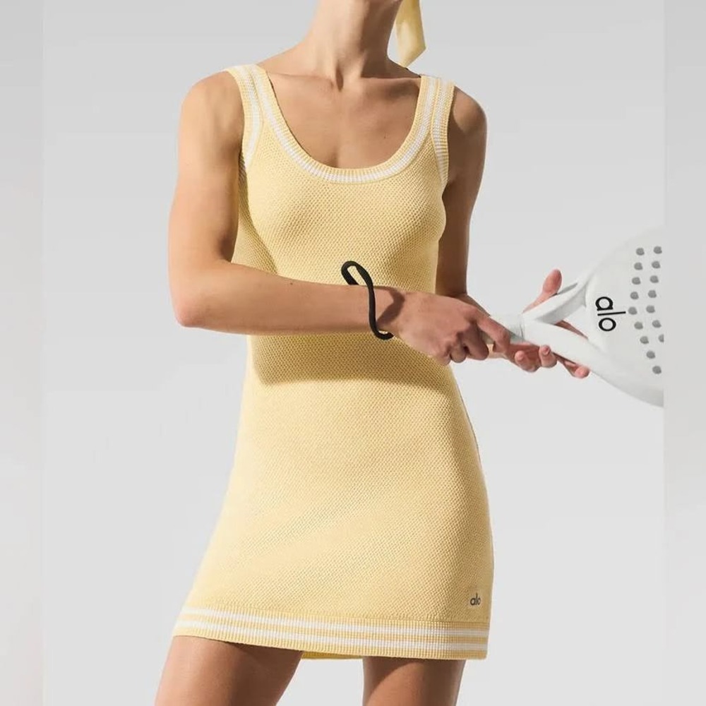 Alo Tennis Club Sweater Knit Dress Butter Yellow Athletic Preppy Tennis Mini XS